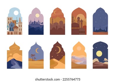 islamic windows. mosque decorative window frames with outdoor background on arabic night landscape. Vector pictures