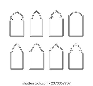 Ventanas islámicas de estilo oriental. Conjunto de arcos y puertas de línea árabe. Contorno de la mezquita. Ilustración vectorial minimalista.