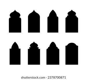 Ventanas islámicas de estilo oriental. Conjunto de arcos y puertas árabes negros. Silhouette de la mezquita. Ilustración vectorial minimalista.
