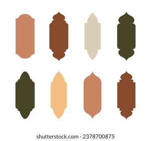 Islamic windows in oriental style. Set of arabic arches and doors in boho colors. Silhouette of mosque. Minimalistic vector illustration.