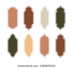 Islamic windows in oriental style. Set of arabic arches and doors in boho colors. Silhouette of mosque. Minimalistic vector illustration.