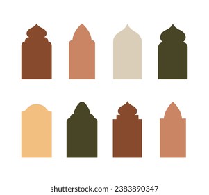 Islamic windows in oriental style. Set of arabic arches and doors in boho colors. Silhouette of mosque. Minimalistic vector illustration.