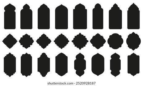 Islamic windows shapes. Oriental badge silhouettes, east gate frame with domes and traditional Arabian architecture arches or Mosque decorations vector set.