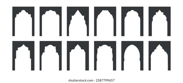 Islamic windows shapes. Oriental badge silhouettes, east gate frame with domes and traditional Arabian architecture arches or Mosque decorations vector design.