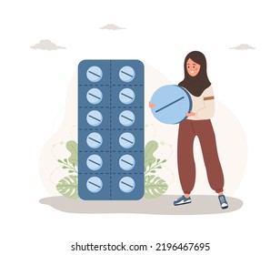 Islamic woman with big pill. Meds in blisters. Antidepressants, vitamins and hormonal medications. Pharmacology and medical treatment. Vector illustration in flat cartoon style.