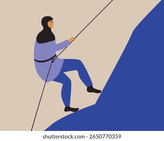 Mulher islâmica no hijab como turistas ativos nas montanhas, ilustração de estoque de vetor plano como conceito de escalada de rocha para sstkTravel