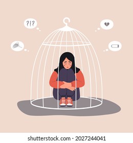 Islamic woman locked in cage. Unhappy female character in hijab sitting on floor and hugging knees. Female empowerment movement. Vector illustration in cartoon style.