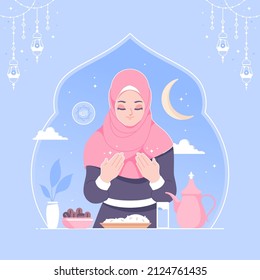 Islamic Woman Pray Before Eating Illustration