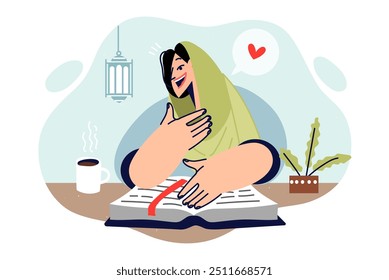 Islamic woman reads koran, sitting at table and studying religious muslim literature, dressed in hijab. Girl researcher studies koran and stories describing teachings of allah and prophet muhammad