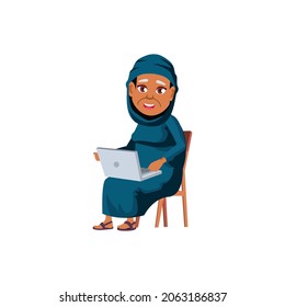 islamic woman senior watching funny movie on laptop cartoon vector. islamic woman senior watching funny movie on laptop character. isolated flat cartoon illustration