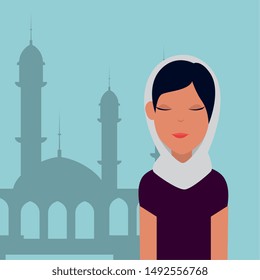 islamic woman with traditional burka and mosque building