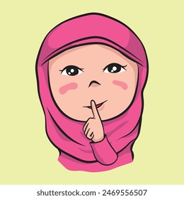 Islamic women cartoon vector The character has large, expressive eyes and is depicted with a finger placed to the lips, a gesture commonly associated with silence or secrecy.