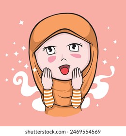 Islamic women cartoon vector Wearing a hijab with orange and white stripes, draped around the neck and shoulders.