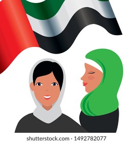 islamic women group with traditional burka and emirates arab flag
