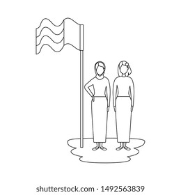 islamic women with traditional burka and arabia flag in pole
