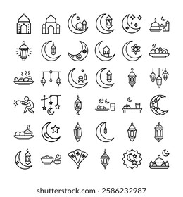 Islamic Worship Vector Icons Set | Prayer, Tasbeeh, Quran, Mosque, Zakat