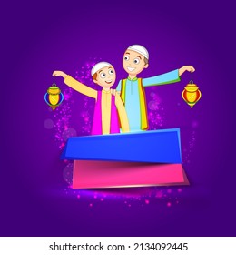 Islamic Young Boys Holding Traditional Lamps And Space For Text Your Message On Purple Background For Islamic Festival Concept.