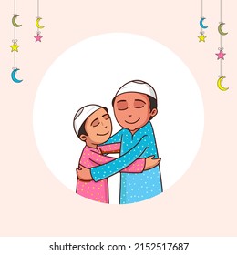 Islamic Young Boys Hugging To Each Other On White And Pink Background For Islamic Festival Concept.