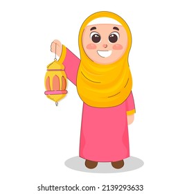 Islamic Young Girl Holding Lantern On White Background.