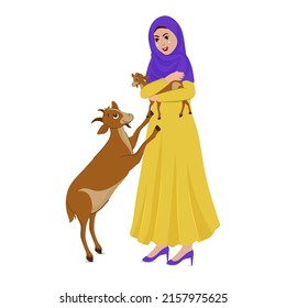 Islamic Young Lady Holding Baby Goat In Standing Pose.