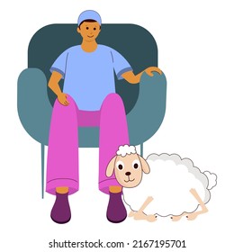 Islamic Young Man Sitting At Sofa And Cartoon Sheep On White Background.
