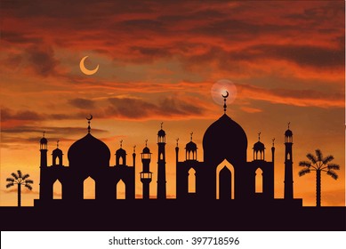 Islamic,arabic mosques set.Vector black  silhouettes cityscape mosques, minarets,Sunset clouds orange sky.Religion crescents .Architecture design,holiday muslim design template.