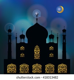 Islamic,arabic mosques set.Vector black  silhouettes, cityscape mosques, minarets,ornamental windows ,blue night sky.Indian,thai building,architecture Illustrartion