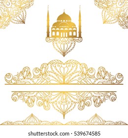 Islamic,arabic mosque,seamless pattern borders,arabesque decor.Vector gold silhouettes minarets.Religion vintage design.For traveling or architecture design,holiday muslim isolated template.