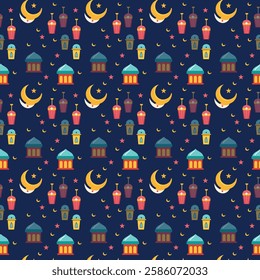 Islamic-Themed Seamless Pattern with Crescent Moons, Stars, Lanterns, and Mosques