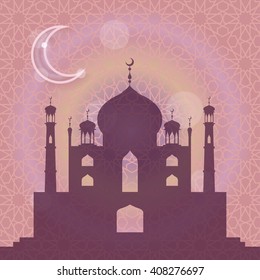 Islam,muslim pattern,Mosque,moon arabic background.Vector Celebration card for Eid Ul Adha festival,Ramadan Kareem,arabic holiday template.Mosque,minaret,moon,ethnic ornament.Vintage Illustration