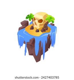 Juego de aventura de la isla. Ilustración vectorial 3D con una isla flotante, cascada en cascada, terreno arenoso y una ominosa cueva en forma de cráneo. Plataforma voladora sobre un fondo aislado.