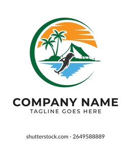 Island Adventure Logo Featuring Dolphin Palm Trees and Sunset Circular Design for Travel Tourism and Outdoor Recreation