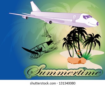 island with airplane and surfers