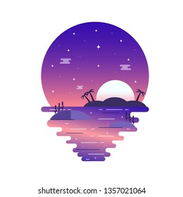 Island art. Vector island . Tropical background. Vector illustration. Sunset, palm trees ,sea