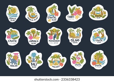 Island badges. Exotic places on beach for beautiful relax time recent vector logo collection