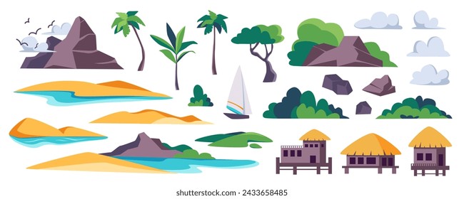 Constructor de elementos de playa isleños mega ambientado en diseño gráfico plano. Kit creador con montañas de piedra, bungalows, costas arenosas, palmeras tropicales, arbustos, nubes, velero. Ilustración vectorial.