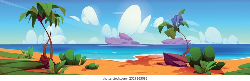 Island beach game landscape summer vector paradise. Tropical vacation time location with palm tree, sea water and sand shore. Caribbean wild ocean coast environment to explore cartoon illustration