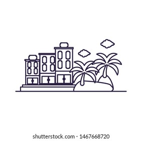island beach with hotel building