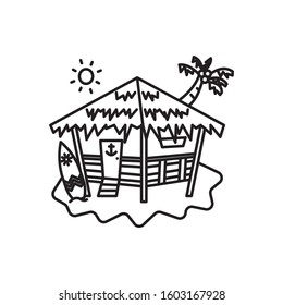 island Beach hut outline icon with surf boards and coconut trees behind the beach hut. Line vector eps 10. For logo template, summer products, travel agency, tour brochure.