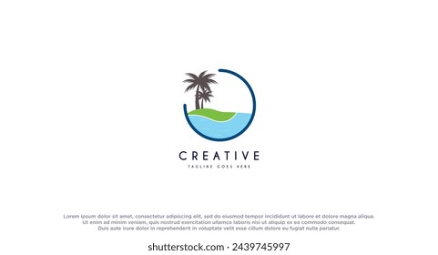 Island, Beach logo design with coconut tree vector illustration. Beach holiday flat logo isolated on white background