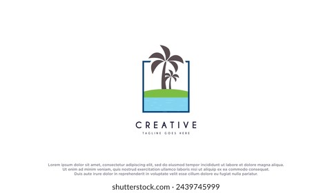 Island, Beach logo design with coconut tree vector illustration. Beach holiday flat logo isolated on white background