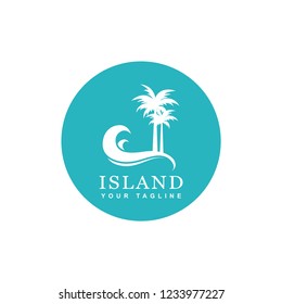 island and beach logo design, silhouette palm trees and waves vector icon