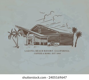 island beach motel vintage artwork, laguna beach california vintage vector illustration, old vacation motel artwork for t shirt, sticker, graphic print