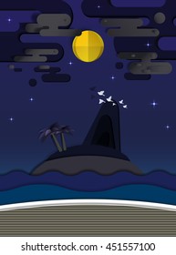 Island and the beach in the night with shiny star paper cut style vector illustration
