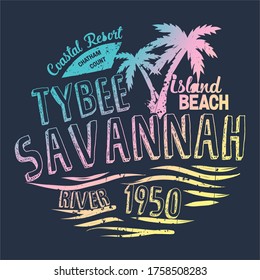 Island beach palm trees tybee island savannah vector illustration graphic design print for t-shirt