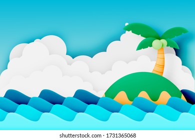 Island and the beach paper cut style vector illustration 