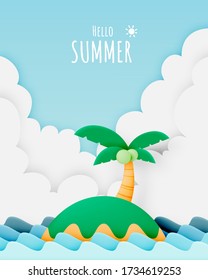 Island and the beach paper cut style vector illustration 
