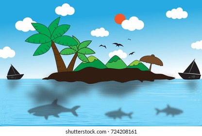 island beach with ship and shark vector
