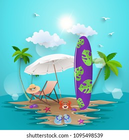 island beach with summer elements. summer time with a blue sky background