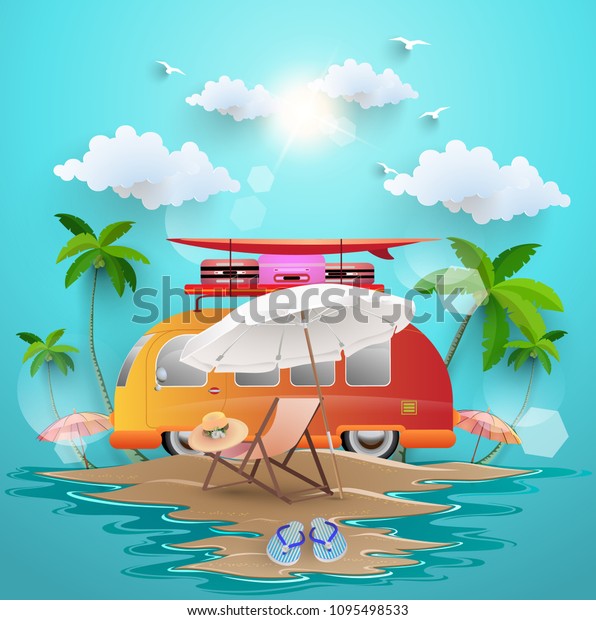 island beach with summer elements. summer time\
with a blue sky\
background